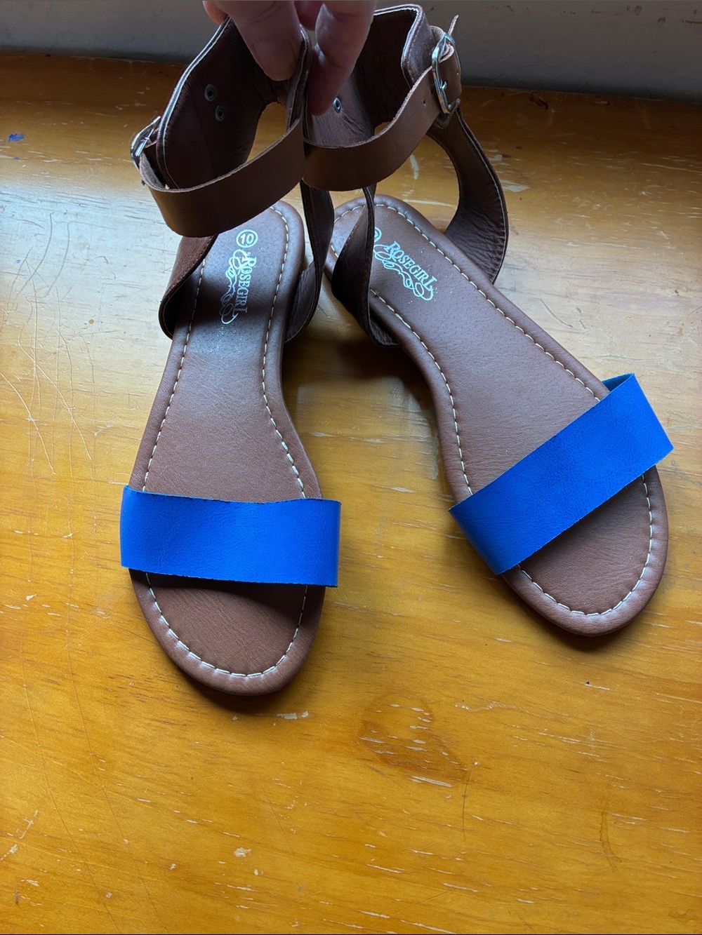 Brown Ankle-Strap Sandals with Royal Blue Toe Band